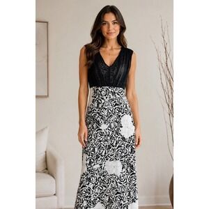 Winter Kate 100% Silk V Neck Black And White Dress Flowy Maxi Sz S Eveningwear